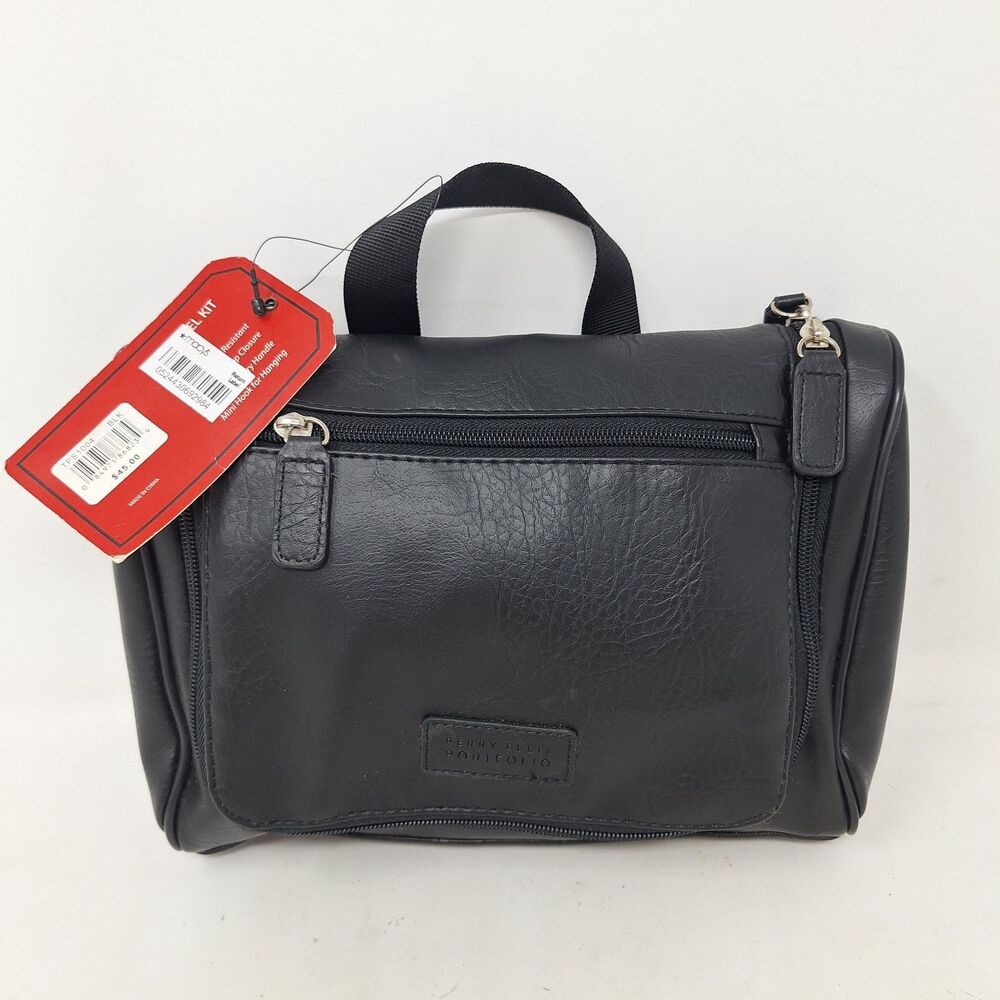 Perry Ellis Portfolio Black Faux Leather Hanging Travel Bag Toiletry Minimalist